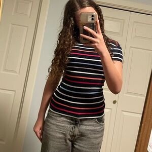 Tommy Hilfiger long, navy, striped tshirt in size XXS